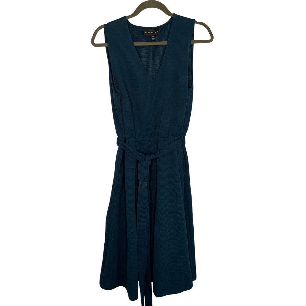 Lane Bryant Sleeveless Teal Blue Textured V-Neck Dress With Waist Tie Size 14/16